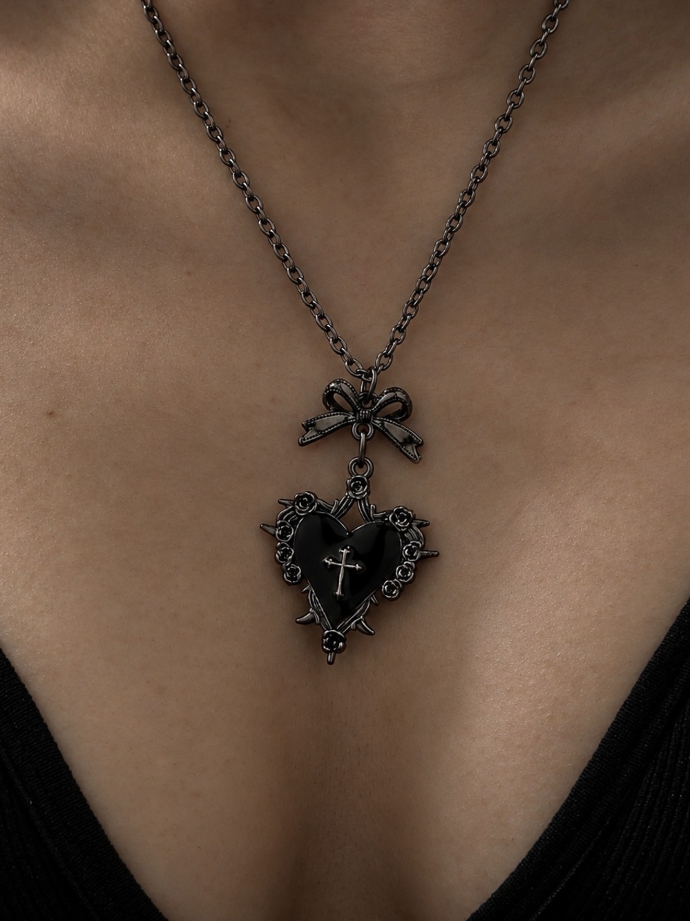 Gothic Black Heart Cross Necklace Bow Pendant Jewelry